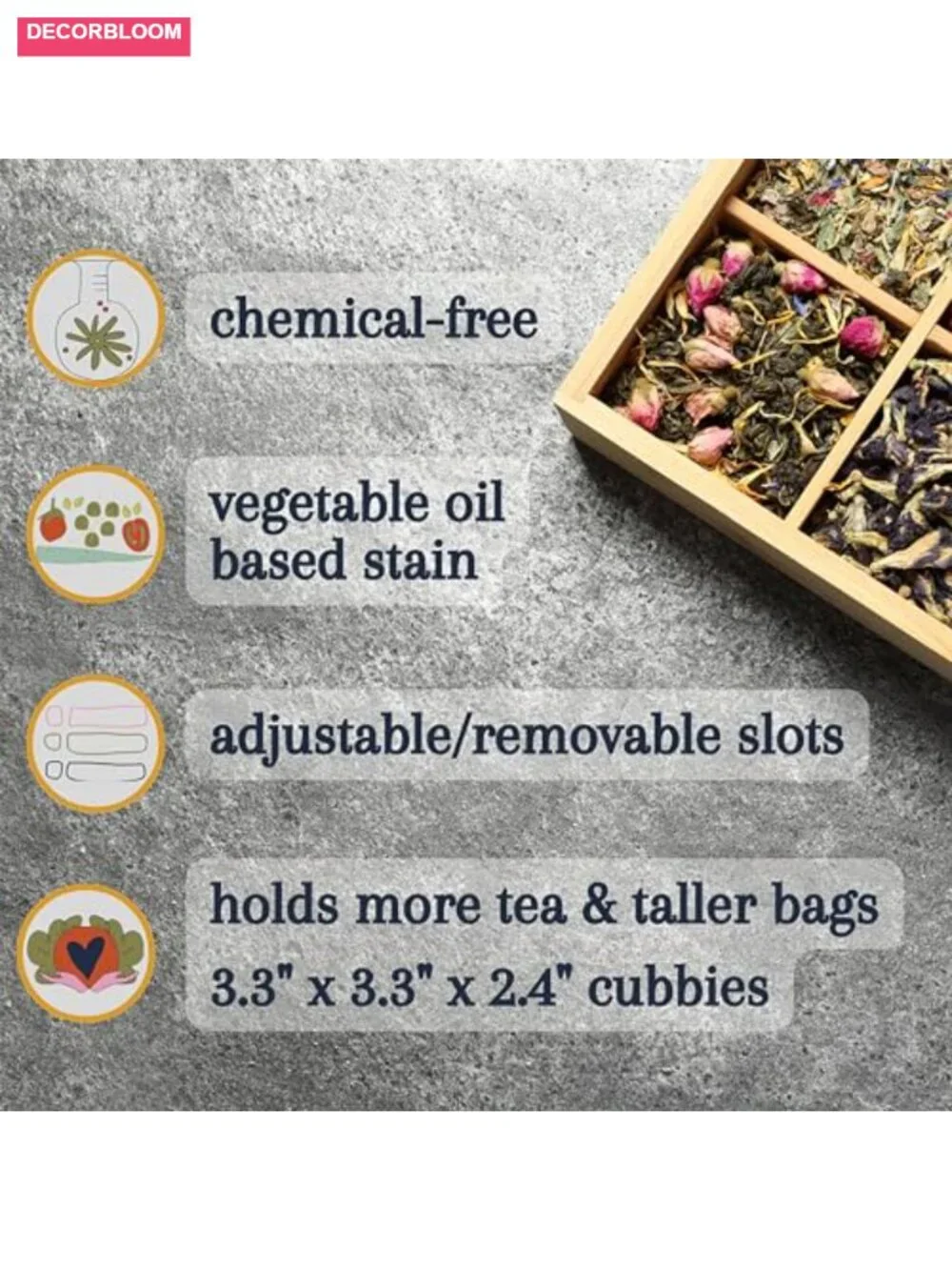 Bamboo Tea Organizer Box Eco-Friendly Adjustable Storage Chest